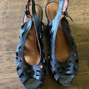 Black leather cork cutout high heel wedge